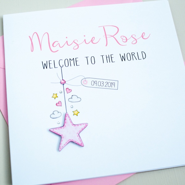 Handmade Personalised Baby Girl Card - Welcome to the World Card - Star